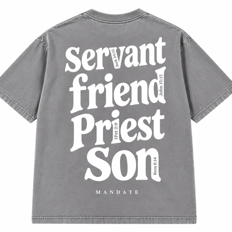 Back of the Mandate MNDT t-shirt reading Servant, Friend, Priest, Son